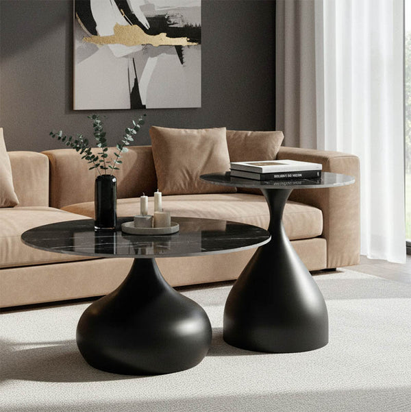 Βοηθητικά τραπέζια Kirkene Inart sintered stone σε απόχρωση μαύρο μαρμάρου με μαύρο μέταλλο 2τεμ