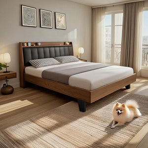 Κρεβάτι Frankly pakoworld mdf-pu σε καρυδί-μαύρο απόχρωση 150x200εκ