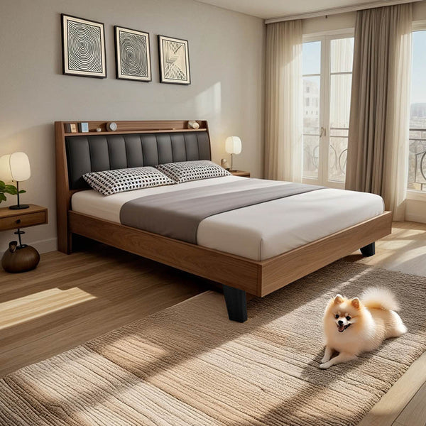 Κρεβάτι Frankly pakoworld mdf-pu σε καρυδί-μαύρο απόχρωση 150x200εκ