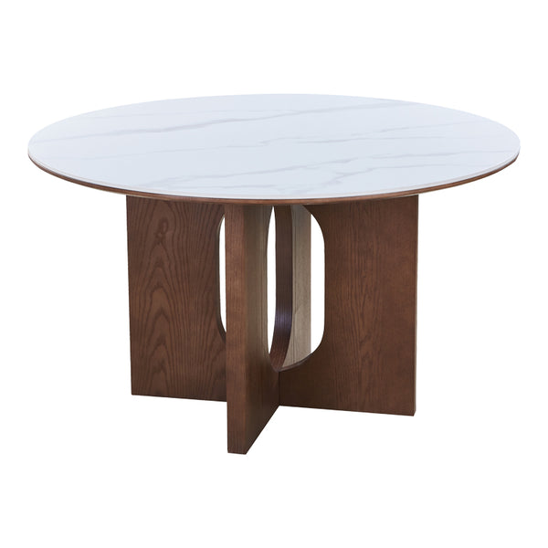 Τραπέζι Merge pakoworld sintered stone-mdf σε λευκό μαρμάρου με καρυδί βάση Φ130x75εκ