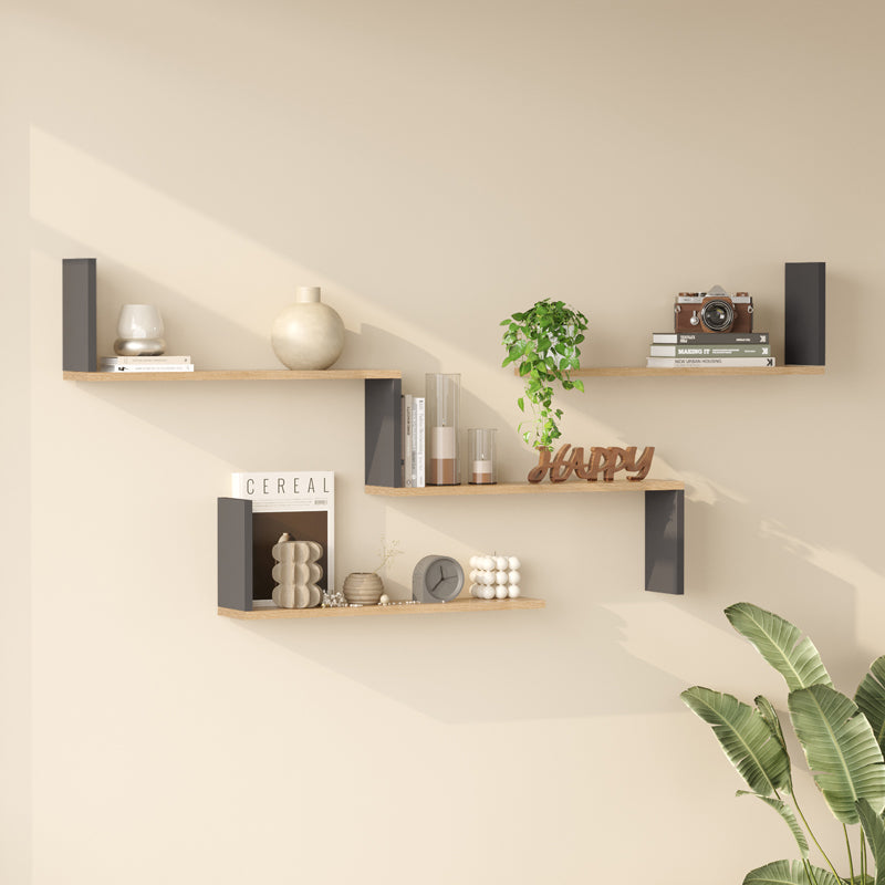 Ραφιέρα τοίχου Flear pakoworld oak με ανθρακί 179x14