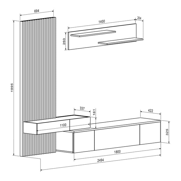 Σύνθετο σαλονιού Litende pakoworld μαύρο-sonoma μελαμίνης 249.5x42x199.5εκ