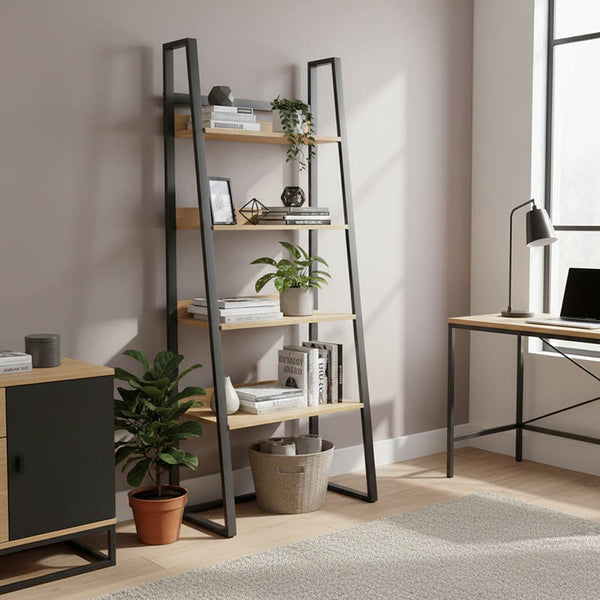 Βιβλιοθήκη Ryder pakoworld σε oak-μαύρη απόχρωση 75x36x185εκ