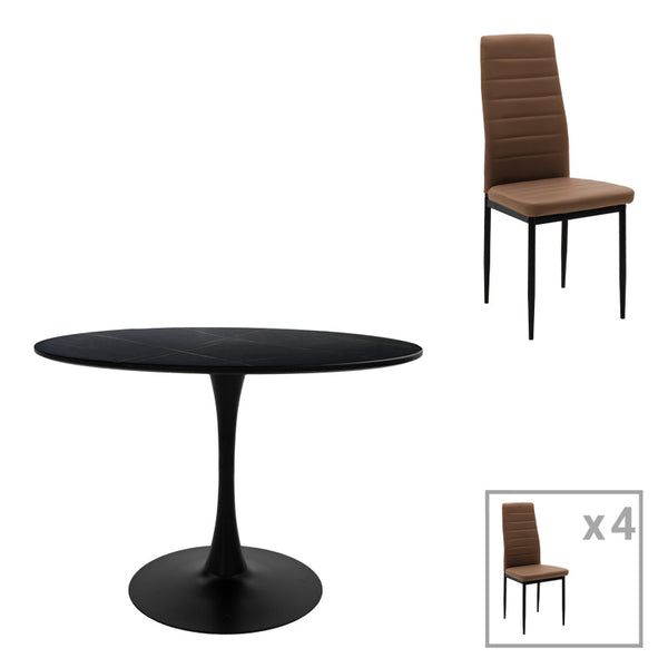 Τραπεζαρία Balou-Parker pakoworld σετ 5τεμ μαύρο-καφέ Φ120x73εκ