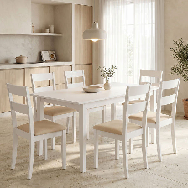 Τραπεζαρία Dallan Mabor pakoworld 7τεμ λευκό rubberwood 120-150x80x73