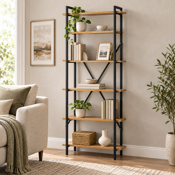 Βιβλιοθήκη Derena pakoworld oak με μαύρο μέταλλο 60x29x160εκ