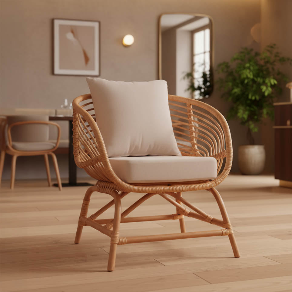 Πολυθρόνα Caxen pakoworld φυσικό rattan-λευκό μαξιλάρι 72x63x75εκ