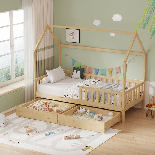 Παιδικό κρεβάτι Piccolo τ. Montessori με 2 συρτάρια pakoworld ξύλο πεύκου σε φυσική απόχρωση 90x190εκ