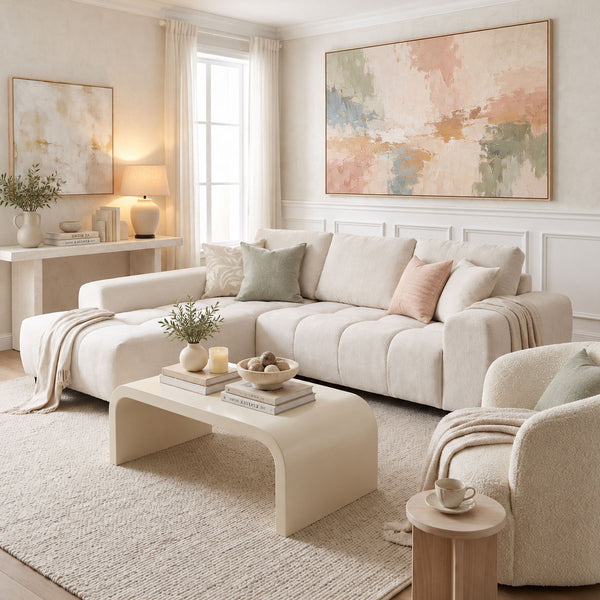 Γωνιακός καναπές Londe pakoworld δεξιά γωνία με μπεζ ύφασμα 273x211x92εκ