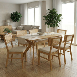 Τραπεζαρία Raffles pakoworld σετ 7τεμ rubberwood με pe rattanσε φυσική απόχρωση 150x90x76εκ