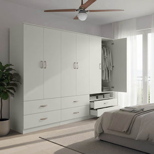 Ντουλάπα εξάφυλλη με συρτάρια Athos pakoworld λευκή 240x42x180εκ