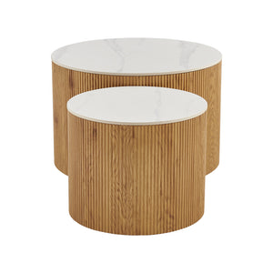 Τραπέζια σαλονιού Nelba pakoworld 2τμχ mdf oak - κεραμική επιφάνεια όψη μαρμάρου