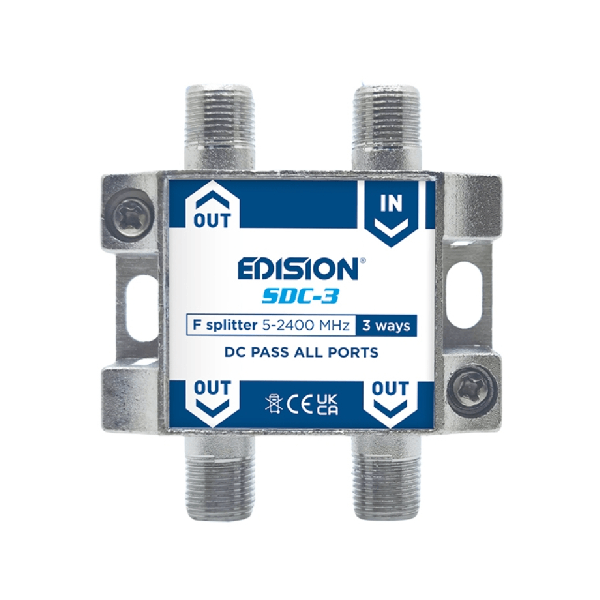 <h2>EDISION 3 WAYS F ΔΙΑΚΛΑΔΩΤΉΣ SDC-3</h2>
<strong>Τεχνικά χαρακτηριστικά:</strong>
<ul>
 	<li>Διακλαδωτής "All-band" τηλεοπτικού σήματος με φις τύπου F θηλυκά</li>
 	<li>Έυρος συχνοτήτων: 5 έως 2400 Mhz