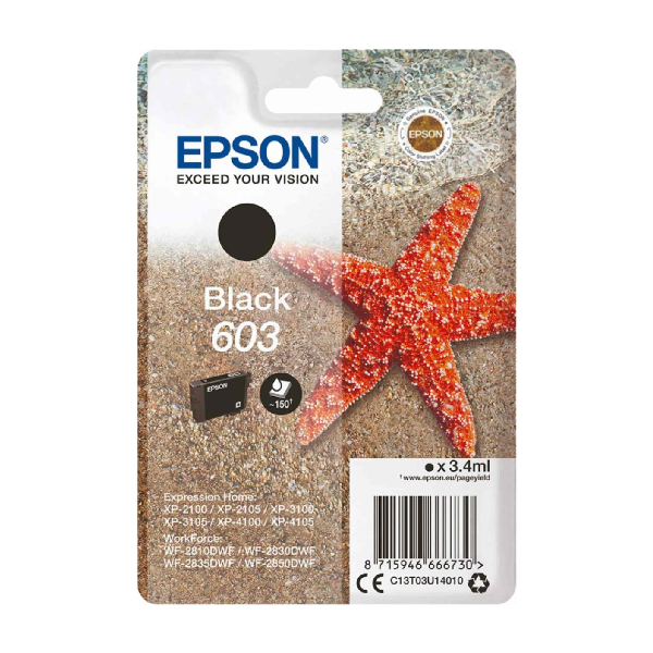 <h2>EPSON 603 C13T03U140010 ΜΕΛΑΝΙ ΜΑΥΡΟ</h2>
<h2 class="title section-title specs-section"><span class="content">Χαρακτηριστικά</span></h2>
<div class="specs-container content section">
<div class="spec-groups">
<div class="spec-details">
<dl>
 	<dt>Χρώμα</dt>
 	<dd>Μαύρο</dd>
</dl>
<dl>
 	<dt>Συσκευασία</dt>
 	<dd>Ενός Μελανιού</dd>
</dl>
<dl>
 	<dt>Μέγιστος αριθμός εκτύπωσης</dt>
 	<dd>150 Σελίδες</dd>
</dl>
<dl>
 	<d