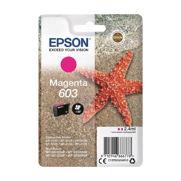 <h2>EPSON 603 C13T03U340010 ΜΕΛΑΝΙ MAGENTA</h2>
<h2 class="title section-title specs-section"><span class="content">Χαρακτηριστικά</span></h2>
<div class="specs-container content section">
<div class="spec-groups">
<div class="spec-details">
<dl>
 	<dt>Χρώμα</dt>
 	<dd>Ματζέντα</dd>
</dl>
<dl>
 	<dt>Συσκευασία</dt>
 	<dd>Ενός Μελανιού</dd>
</dl>
<dl>
 	<dt>Μέγιστος αριθμός εκτύπωσης</dt>
 	<dd>130 Σελίδες</dd>
</dl>
<dl>
 