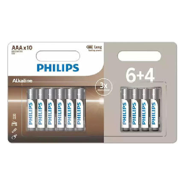 <h2>PHILIPS LR03A10BP ΜΠΑΤΑΡΙΑ ALKALINE ΑΑΑ 6+4ΤΜΧ</h2>
<h2 class="title section-title specs-section"><span class="content">Χαρακτηριστικά</span></h2>
<div class="specs-container content section">
<div class="spec-groups">
<div class="spec-details">
<dl>
 	<dt>Μέγεθος</dt>
 	<dd>AAA</dd>
</dl>
<dl>
 	<dt>Voltage</dt>
 	<dd>1
