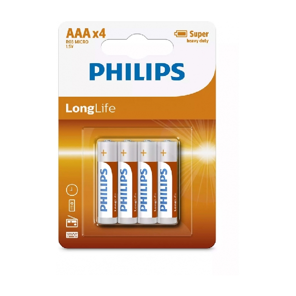 <h2>PHILIPS R03L4B/GRS AAA LONGLIFE ΜΠΑΤΑΡΙΑ</h2>
<h2 class="title section-title specs-section"><span class="content">Χαρακτηριστικά</span></h2>
<div class="specs-container content section">
<div class="spec-groups">
<div class="spec-details">
<dl>
 	<dt>Μέγεθος</dt>
 	<dd>AAA</dd>
</dl>
<dl>
 	<dt>Voltage</dt>
 	<dd>1