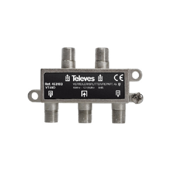 <h2>TELEVES SPLITTER 4 WAYS F 5-1218 MHz 453103</h2>
<strong>Τεχνικά Χαρακτηριστικά:</strong>

- Εύρος μπάντας MHz: 5 - 1218
- Αριθμός εξόδων: 4
- Απώλειες διέλευσης: dB: 7