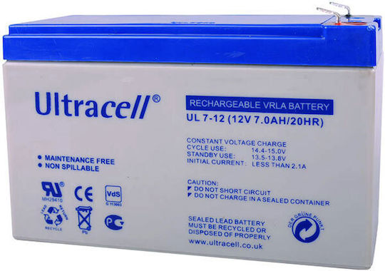 <h1 class="page-title">Ultracell UL 7-12 Μπαταρία UPS με Χωρητικότητα 7Ah και Τάση 12V</h1>
<div class="summary">
<div class="description bullets">

Βασικά χαρακτηριστικά:
<ul>
 	<li>Μήκος: 15
